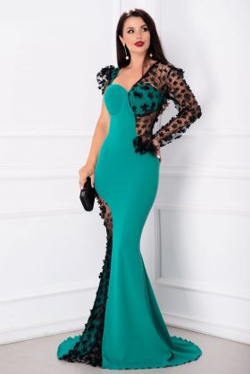 Rochie eleganta sirena Daenerys de seara verde cu flori 3D si sclipici