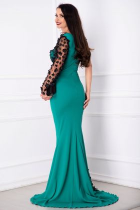Rochie eleganta sirena Daenerys de seara verde cu flori 3D si sclipici