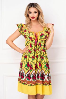 Rochie Venezia lejera galbena cu decupaj la spate si imprimeu floral