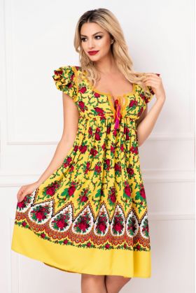Rochie Venezia lejera galbena cu decupaj la spate si imprimeu floral