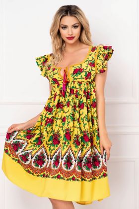 Rochie Venezia lejera galbena cu decupaj la spate si imprimeu floral