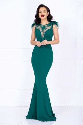 Rochie de lux Kathrin sirena verde cu flori 3D la umeri si fulgi