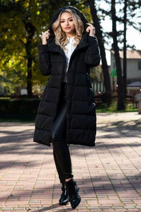 Geaca lunga neagra oversize cu fermoar maxi oblic