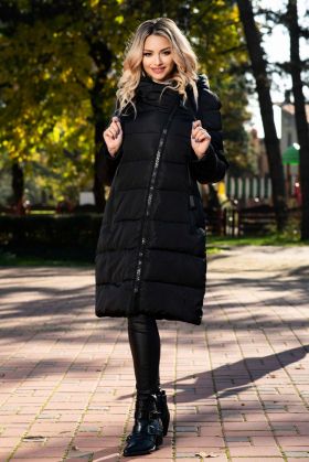 Geaca lunga neagra oversize cu fermoar maxi oblic