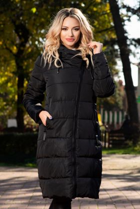 Geaca lunga neagra oversize cu fermoar maxi oblic