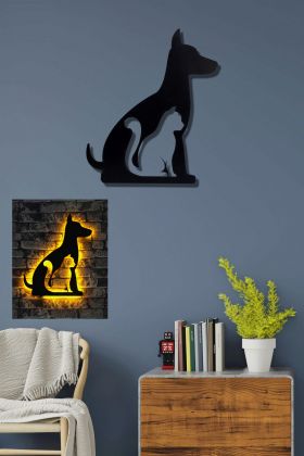 Decoratiune luminoasa LED, Cat n Dog, MDF, 60 LED-uri, Galben