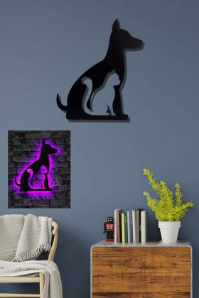 Decoratiune luminoasa LED, Cat n Dog, MDF, 60 LED-uri, Roz