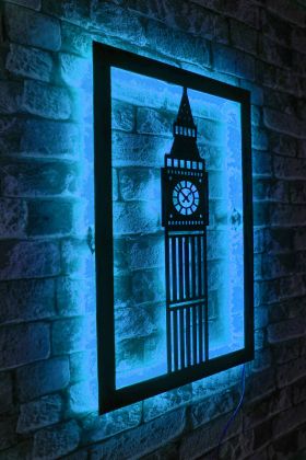 Decoratiune luminoasa LED, Big Ben, MDF, 60 LED-uri, Albastru