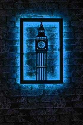 Decoratiune luminoasa LED, Big Ben, MDF, 60 LED-uri, Albastru