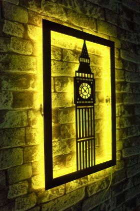 Decoratiune luminoasa LED, Big Ben, MDF, 60 LED-uri, Galben