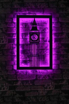 Decoratiune luminoasa LED, Big Ben, MDF, 60 LED-uri, Roz