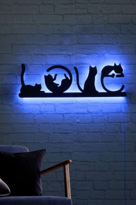 Decoratiune luminoasa LED, Cat Love, MDF, 60 LED-uri, Albastru