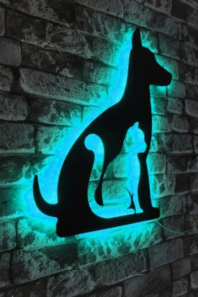 Decoratiune luminoasa LED, Cat n Dog, MDF, 60 LED-uri, Albastru