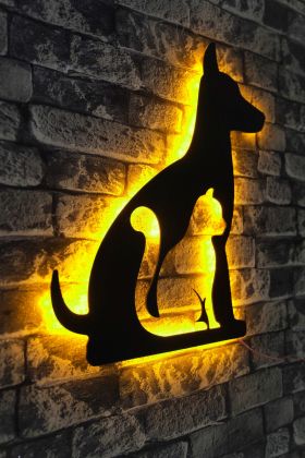 Decoratiune luminoasa LED, Cat n Dog, MDF, 60 LED-uri, Galben