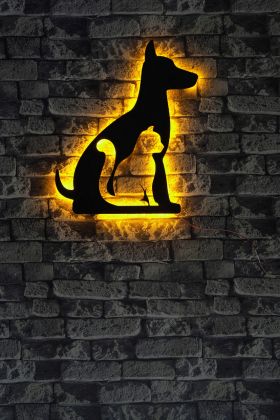 Decoratiune luminoasa LED, Cat n Dog, MDF, 60 LED-uri, Galben