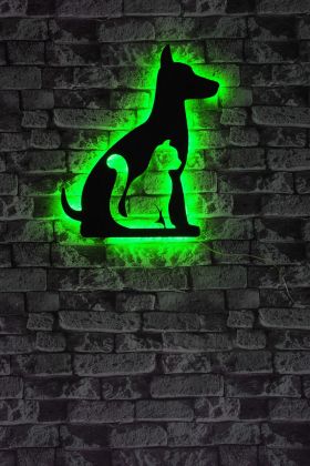 Decoratiune luminoasa LED, Cat n Dog, MDF, 60 LED-uri, Verde