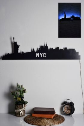 Decoratiune luminoasa LED, NYC Skyline, MDF, 60 LED-uri, Albastru