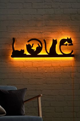 Decoratiune luminoasa LED, Cat Love, MDF, 60 LED-uri, Galben