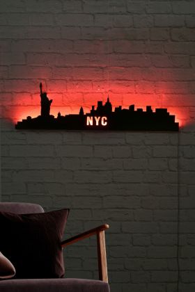 Decoratiune luminoasa LED, NYC Skyline, MDF, 60 LED-uri, Rosu