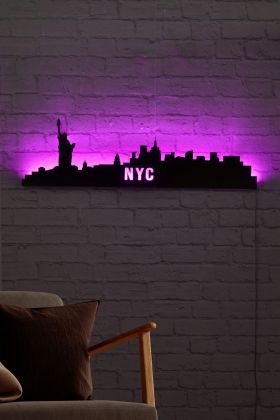 Decoratiune luminoasa LED, NYC Skyline, MDF, 60 LED-uri, Roz