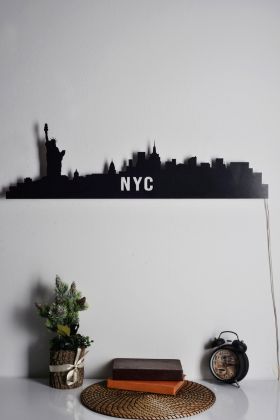 Decoratiune luminoasa LED, NYC Skyline, MDF, 60 LED-uri, Roz