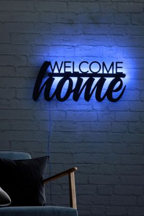 Decoratiune luminoasa LED, Welcome Home, MDF, 60 LED-uri, Albastru