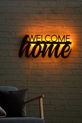 Decoratiune luminoasa LED, Welcome Home, MDF, 60 LED-uri, Galben