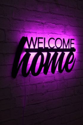 Decoratiune luminoasa LED, Welcome Home, MDF, 60 LED-uri, Roz