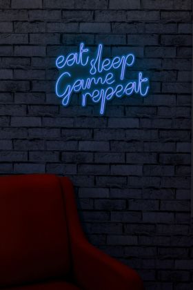 Decoratiune luminoasa LED, eat sleep game repeat, Benzi flexibile de neon, DC 12 V, Albastru