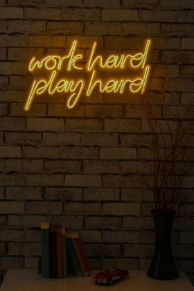 Decoratiune luminoasa LED, Work Hard Play Hard, Benzi flexibile de neon, DC 12 V, Galben