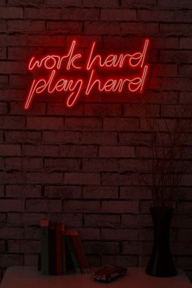 Decoratiune luminoasa LED, Work Hard Play Hard, Benzi flexibile de neon, DC 12 V, Rosu