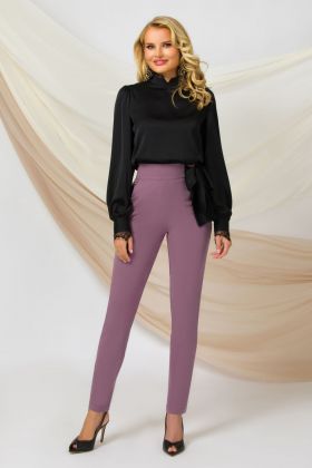 Pantaloni dama office lila Pretty Girl cu talie inalta si funda neagra satinata