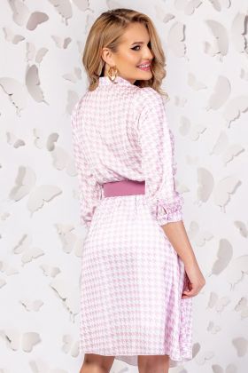 Rochie Pretty Girl roz cu imprimeu pepit si curea in talie