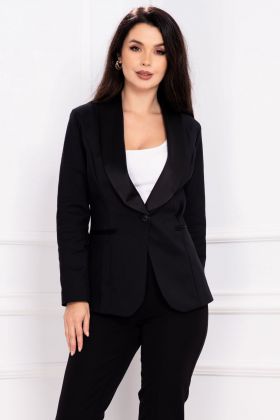 Sacou elegant InPuff negru cambrat cu revere satinate