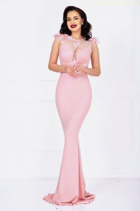 Rochie de lux Kathrin sirena rose cu flori 3D la umeri si fulgi