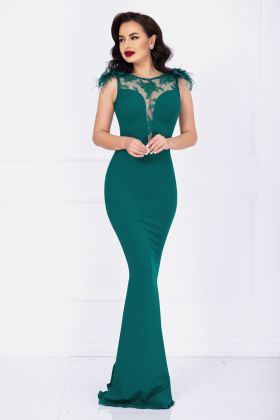 Rochie de lux Kathrin sirena verde cu flori 3D la umeri si fulgi