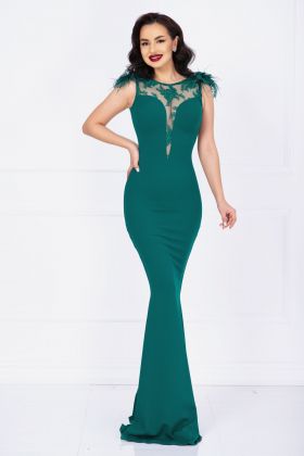 Rochie de lux Kathrin sirena verde cu flori 3D la umeri si fulgi