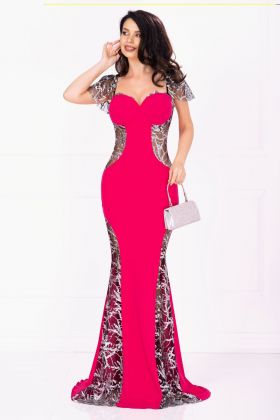 Rochie de lux Serena de seara fucsia cu paiete argintii si sclipici