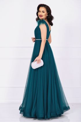 Rochie de nasa Gratiela verde cu perle in talie si fulgi pe umeri