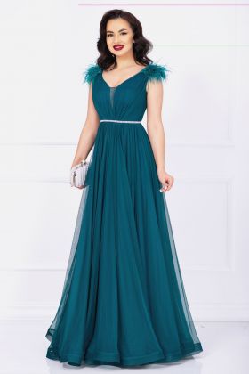 Rochie de nasa Gratiela verde cu perle in talie si fulgi pe umeri