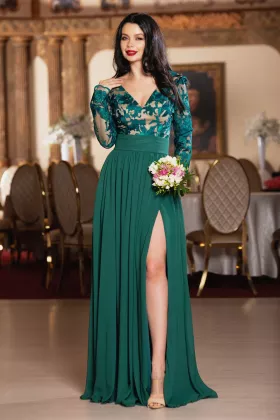 Rochie de seara eleganta Georgia verde cu broderie deosebita