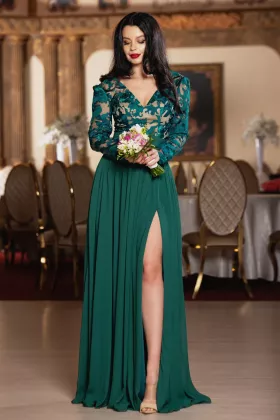 Rochie de seara eleganta Georgia verde cu broderie deosebita