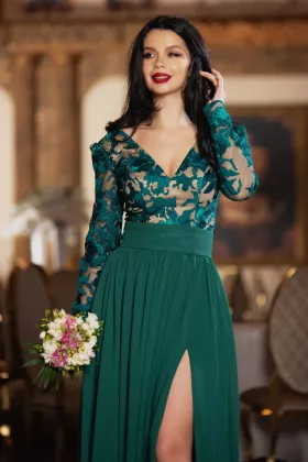 Rochie de seara eleganta Georgia verde cu broderie deosebita