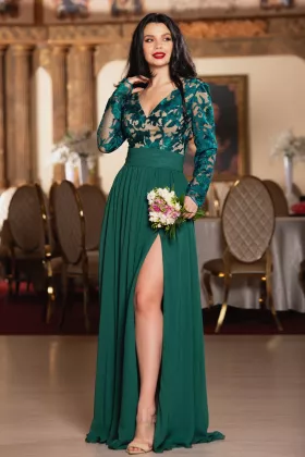 Rochie de seara eleganta Georgia verde cu broderie deosebita