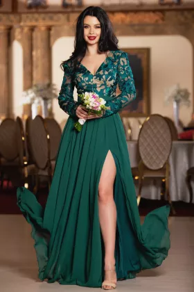 Rochie de seara eleganta Georgia verde cu broderie deosebita