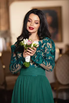 Rochie de seara eleganta Georgia verde cu broderie deosebita