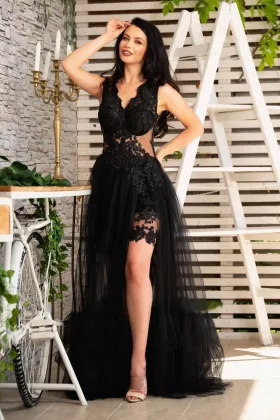 Rochie lunga din tulle negru Amaris cu broderie aplicata