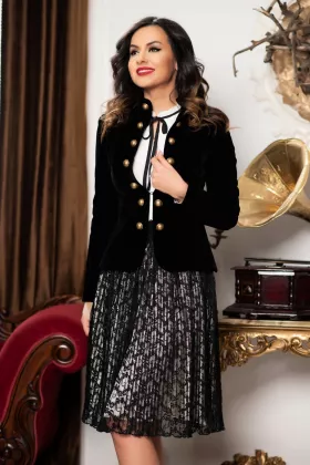 Sacou elegant Effect negru de catifea cu nasturi aurii