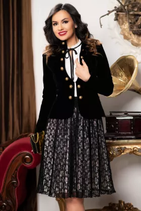 Sacou elegant Effect negru de catifea cu nasturi aurii
