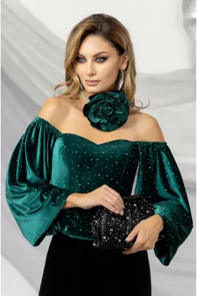 Bluza tip corset Pretty Girl verde din catifea cu insertii aurii